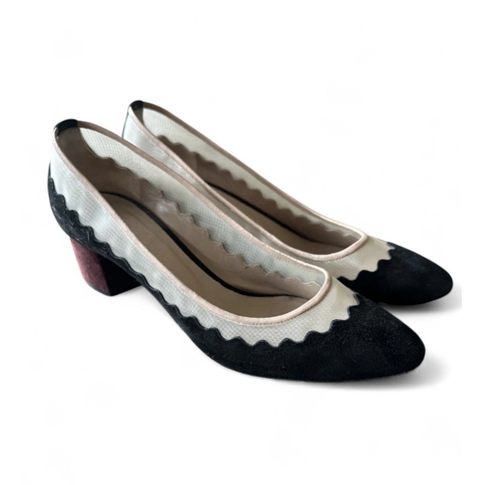 Chloé Scalloped Suede Mesh Pumps Women's Sz 39.5 US 8 Black Maroon Block Heel